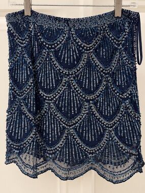 BASIX Black Label Navy Blue Silk Beaded Sequin Art Deco Mini Skirt Size 4